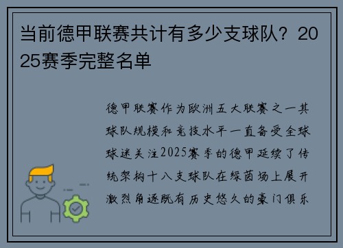 当前德甲联赛共计有多少支球队？2025赛季完整名单