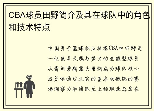 CBA球员田野简介及其在球队中的角色和技术特点